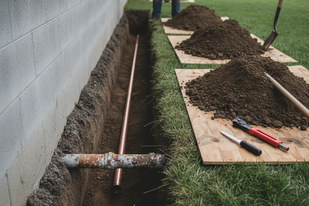 Excavated water line trench during Water Softener Installation in Palos Hills